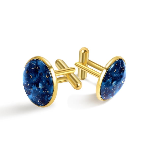 PhooArto Men's Classic Stainless Steel, Dark Blue Space Planet Stars Pattern Cufflinks Business Wedding Shirts, Golden