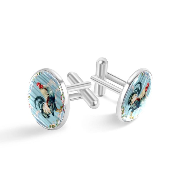 PhooArto Men's Classic Stainless Steel, Farmhouse Rooster with Plant Floral Cufflinks Business Wedding Shirts, Silver