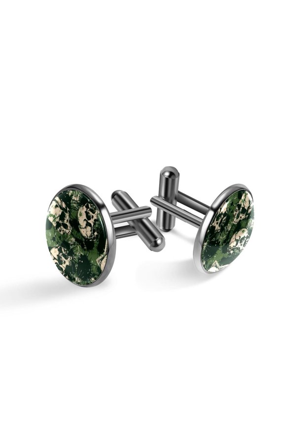 Men's Classic Stainless Steel, Green Camouflage Skull Pattern Cufflinks Business Wedding Shirts, Black
