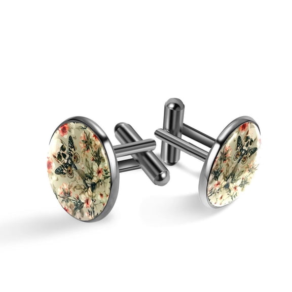PhooArto Men's Classic Stainless Steel, Hawk Moth Flower Skull Pattern Cufflinks Business Wedding Shirts, Black