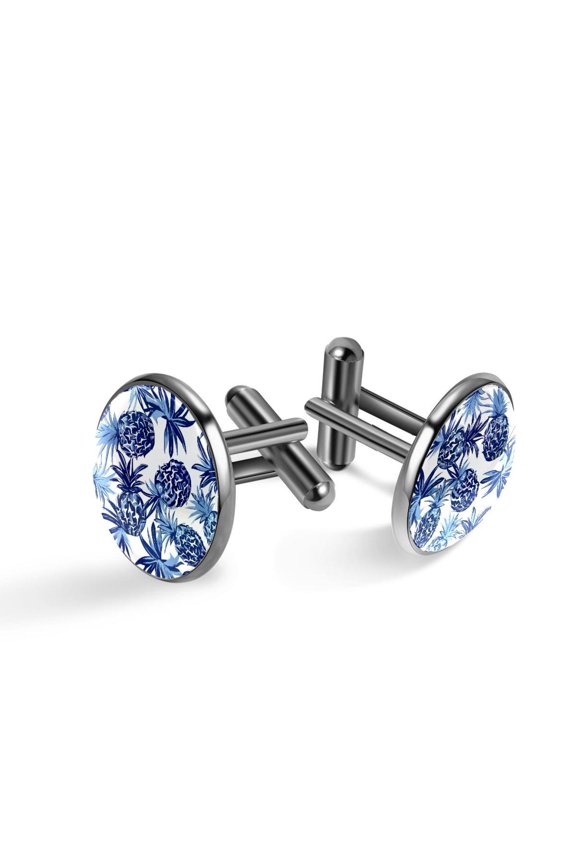 Men's Classic Stainless Steel, Navy Blue Pineapple Pattern Cufflinks Business Wedding Shirts, Black