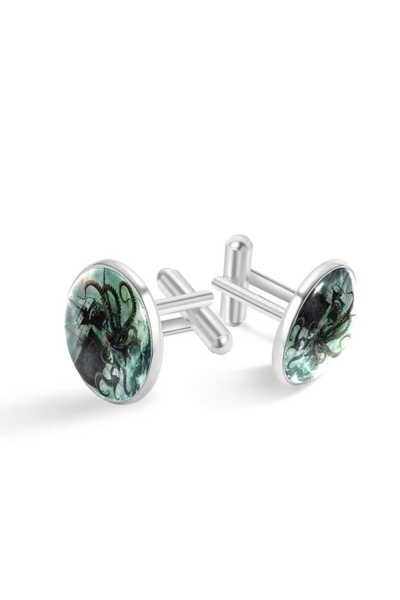 Men's Classic Stainless Steel, Ocean Octopus Attack Nautical Ship Cufflinks Business Wedding Shirts, Silver