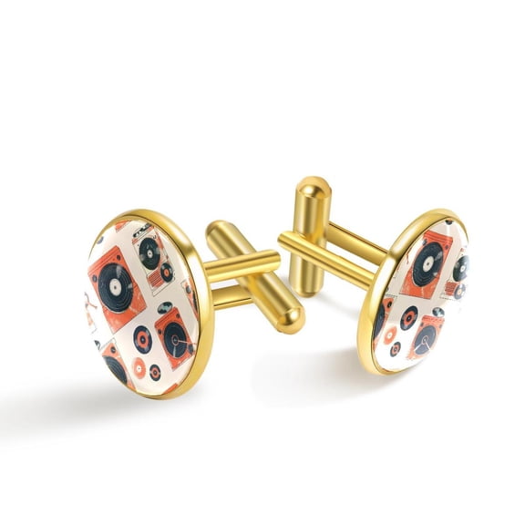 PhooArto Men's Classic Stainless Steel, Orange Record Player Pattern Cufflinks Business Wedding Shirts, Golden