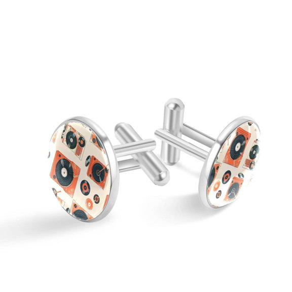 PhooArto Men's Classic Stainless Steel, Orange Record Player Pattern Cufflinks Business Wedding Shirts, Silver