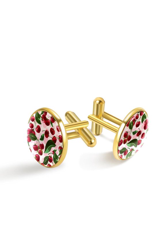 Men's Classic Stainless Steel, Pink Fruit Cherry Pattern Cufflinks Business Wedding Shirts, Golden