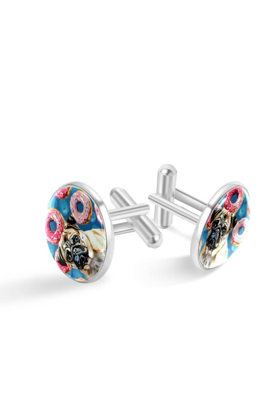 Men's Classic Stainless Steel, Pug Dog Pink Donuts Cufflinks Business Wedding Shirts, Silver
