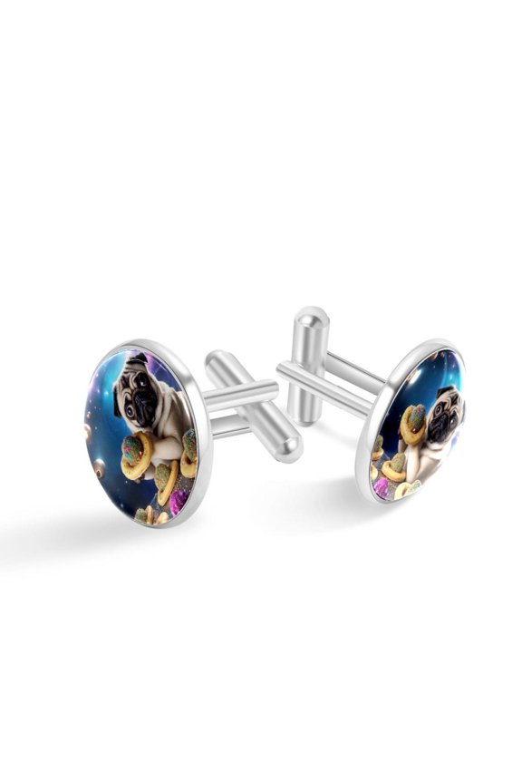 Men's Classic Stainless Steel, Pug Dog and Donuts in Galaxy Cufflinks Business Wedding Shirts, Silver