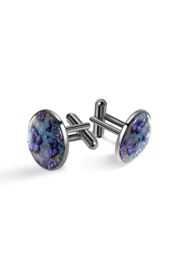 Men's Classic Stainless Steel, Purple Daisy Butterflies Cufflinks Business Wedding Shirts, Black