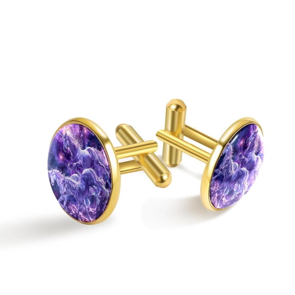 PhooArto Men's Classic Stainless Steel, Purple Galaxy Unicorns Cufflinks Business Wedding Shirts, Golden