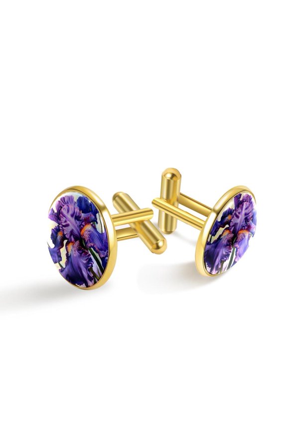Men's Classic Stainless Steel, Purple Iris Art Painting Cufflinks Business Wedding Shirts, Golden