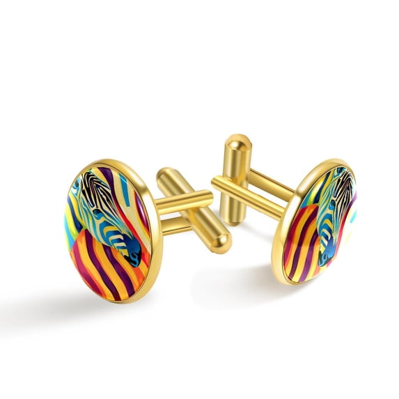 PhooArto Men's Classic Stainless Steel, Rainbow Animal Zebra Print Cufflinks Business Wedding Shirts, Golden