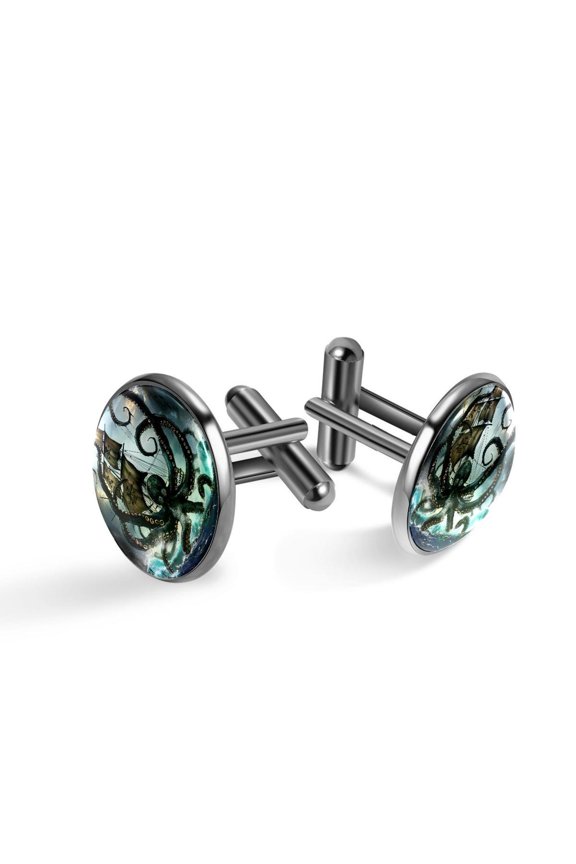 Men's Classic Stainless Steel, Sea Octopus Nautical Ship Cufflinks Business Wedding Shirts, Black