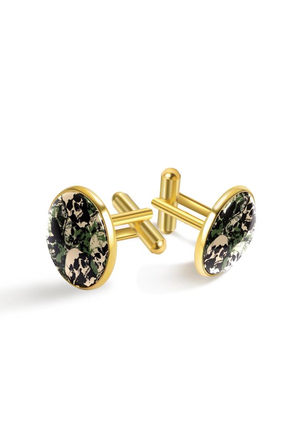 Men's Classic Stainless Steel, Skull Dollar Green Camouflage Pattern Cufflinks Business Wedding Shirts, Golden