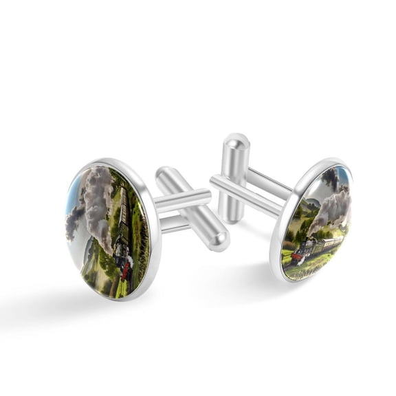 PhooArto Men's Classic Stainless Steel, Steam Train and Railway Landscape Cufflinks Business Wedding Shirts, Silver