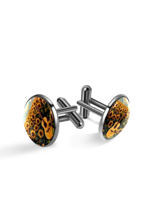 Men's Classic Stainless Steel, Sunflower Field Guitar Cufflinks Business Wedding Shirts, Black
