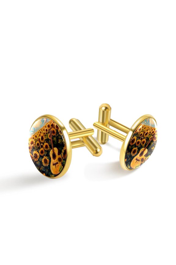 Men's Classic Stainless Steel, Sunflower Field Guitar Cufflinks Business Wedding Shirts, Golden