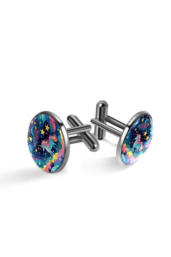 Men's Classic Stainless Steel, Unicorn Star Colorful Silhouettes Cufflinks Business Wedding Shirts, Black