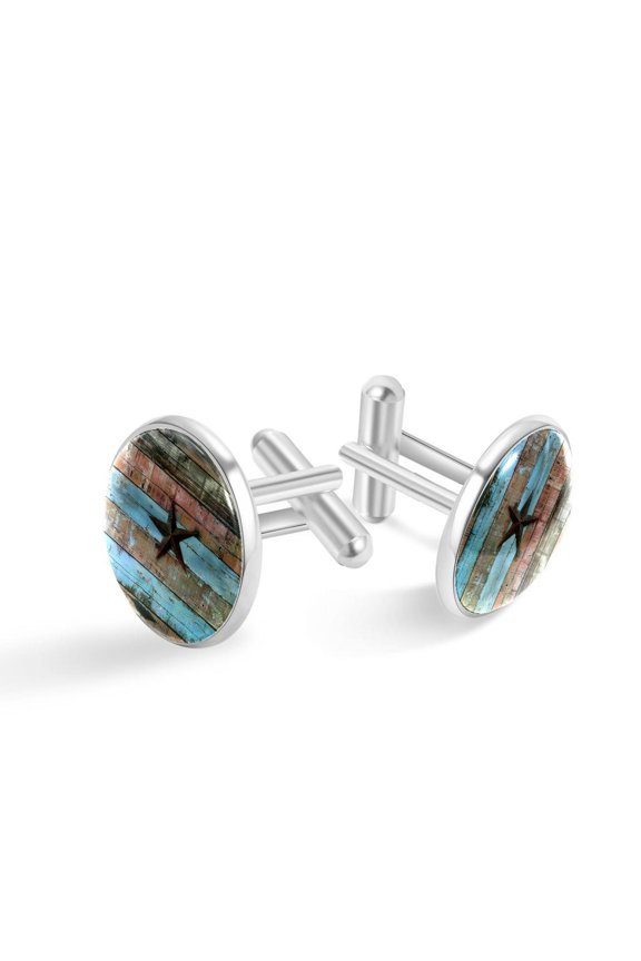 Men's Classic Stainless Steel, Vintage Star Rustic Wood Plank Cufflinks Business Wedding Shirts, Silver