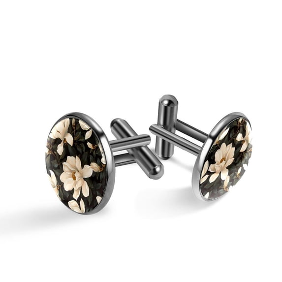 PhooArto Men's Classic Stainless Steel, White Flower Magnolias Pattern Cufflinks Business Wedding Shirts, Black