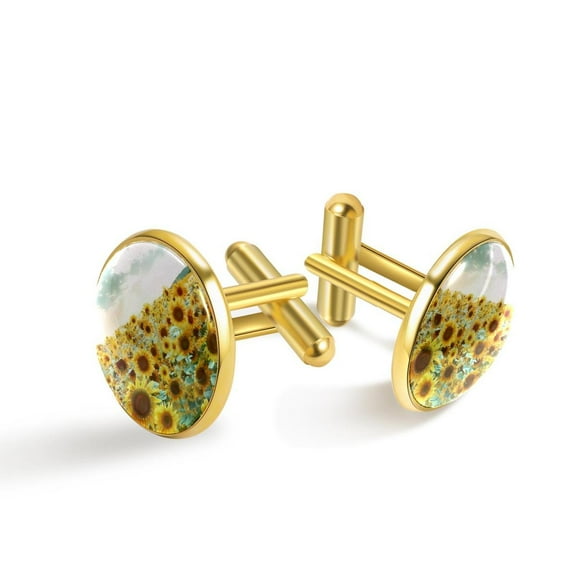 PhooArto Men's Classic Stainless Steel, Yellow Floral Sunflowers Field Cufflinks Business Wedding Shirts, Golden
