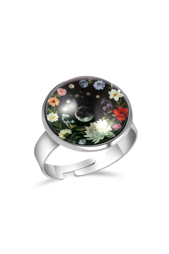 Moon Flowers Pattern Stainless Steel Rings for Women, Open Adjustable Ring Promise Ring Jewelry Gifts