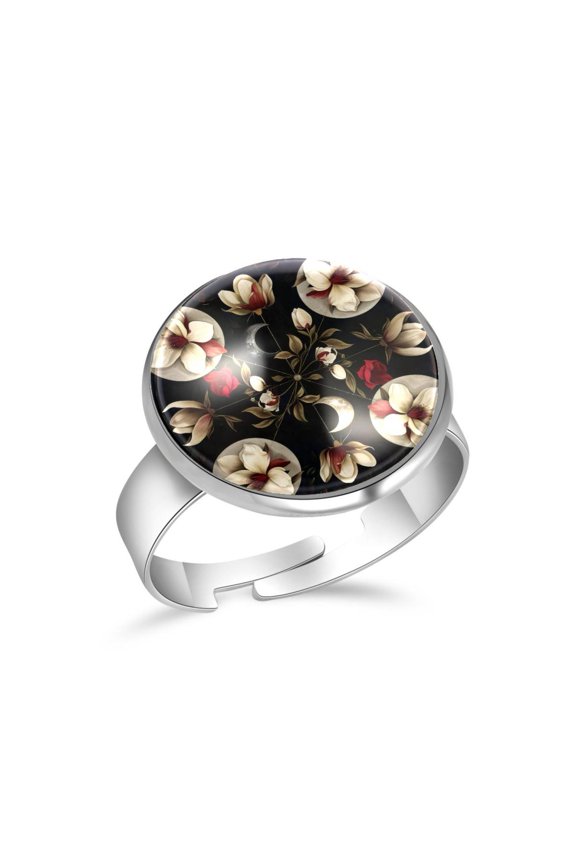Moon Phase Floral Stainless Steel Rings for Women, Open Adjustable Ring Promise Ring Jewelry Gifts