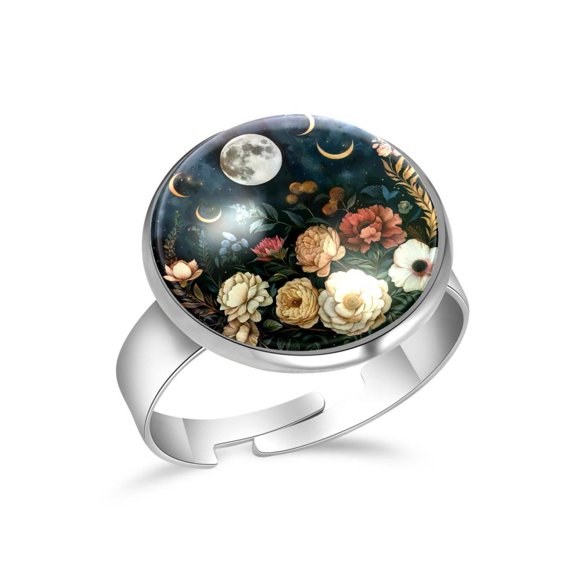 PhooArto Moon Phase Flowers Stainless Steel Rings for Women, Open Adjustable Ring Promise Ring Jewelry Gifts