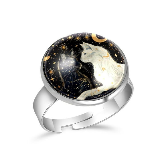 PhooArto Moon Stars Planets Cats Stainless Steel Rings for Women, Open Adjustable Ring Promise Ring Jewelry Gifts