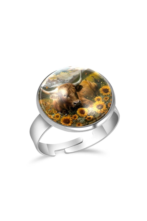 Mountain Bull Sunflowers Butterflies Stainless Steel Rings for Women, Open Adjustable Ring Promise Ring Jewelry Gifts