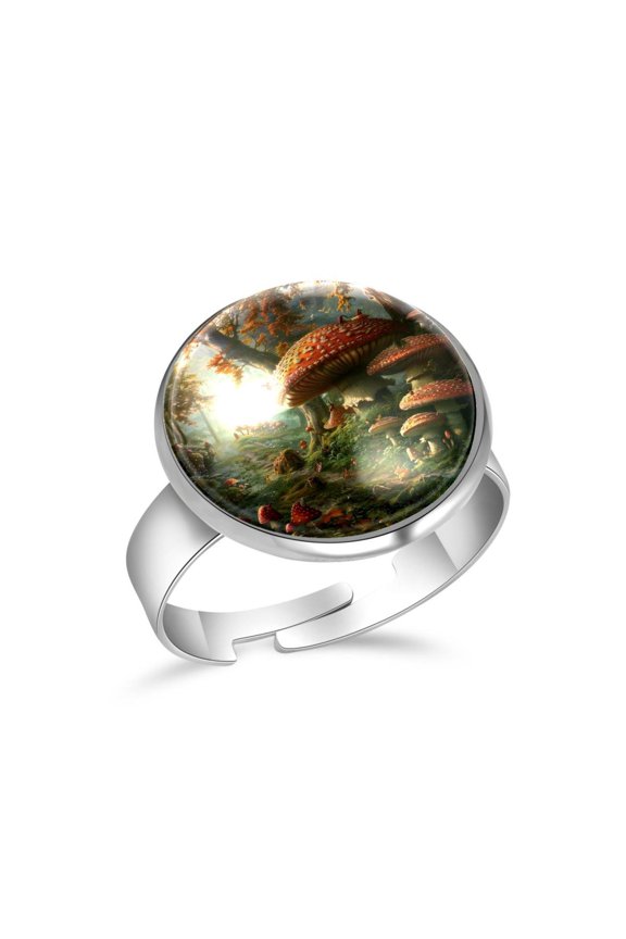 Mushrooms in the Forest Stainless Steel Rings for Women, Open Adjustable Ring Promise Ring Jewelry Gifts