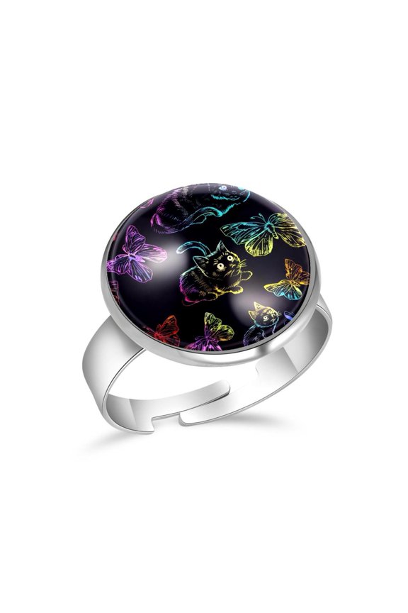 Neon Butterflies Cats Pattern Stainless Steel Rings for Women, Open Adjustable Ring Promise Ring Jewelry Gifts