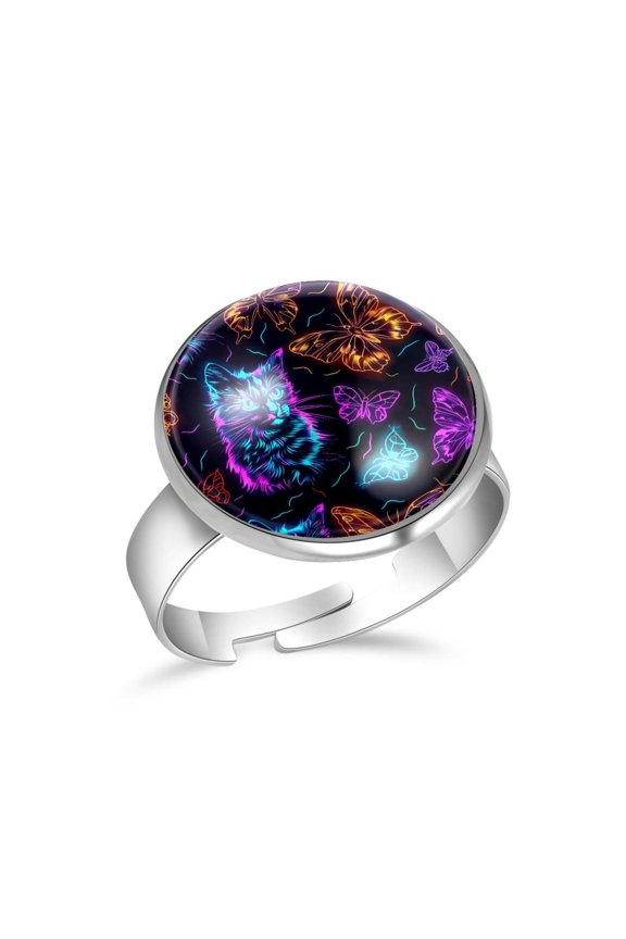 Neon Butterflies and Cats Pattern Stainless Steel Rings for Women, Open Adjustable Ring Promise Ring Jewelry Gifts