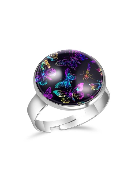 Neon Butterfly Pattern Stainless Steel Rings for Women, Open Adjustable Ring Promise Ring Jewelry Gifts