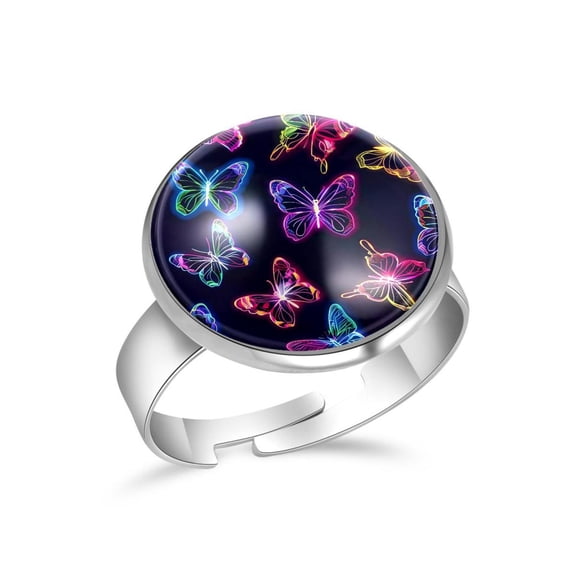 PhooArto Neon Butterfly Pattern Stainless Steel Rings for Women, Open Adjustable Ring Promise Ring Jewelry Gifts