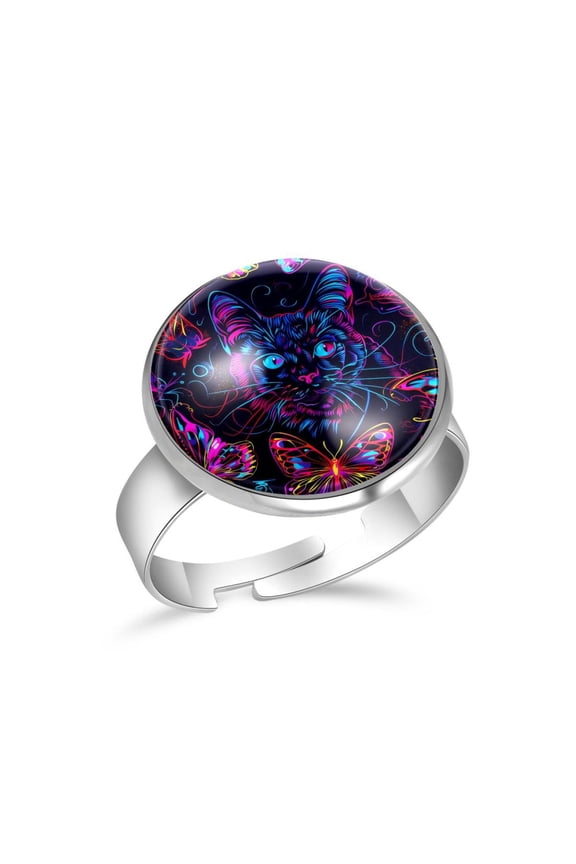 Neon Cat Butterflies Pattern Stainless Steel Rings for Women, Open Adjustable Ring Promise Ring Jewelry Gifts