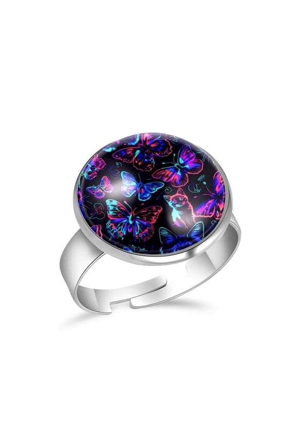 Neon Cat Butterflies Patterns Stainless Steel Rings for Women, Open Adjustable Ring Promise Ring Jewelry Gifts