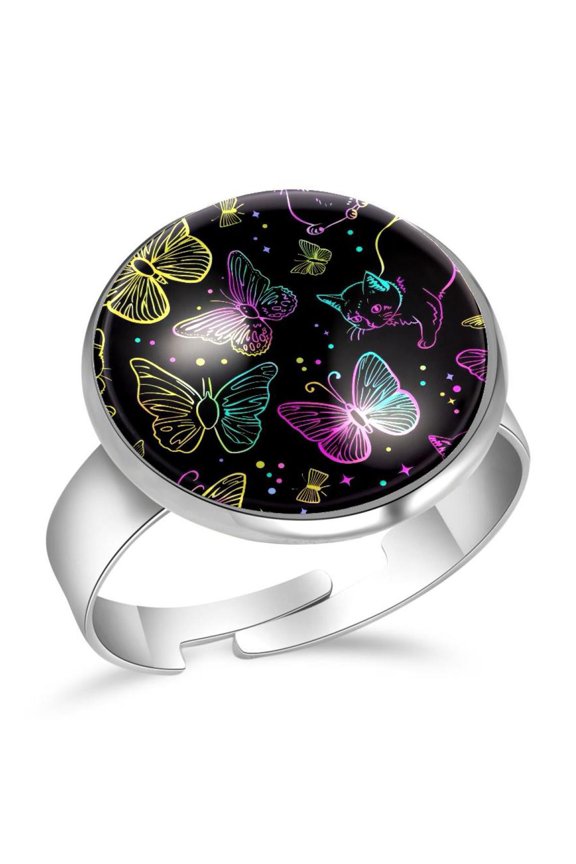 Neon Cats Butterflies Pattern Stainless Steel Rings for Women, Open Adjustable Ring Promise Ring Jewelry Gifts