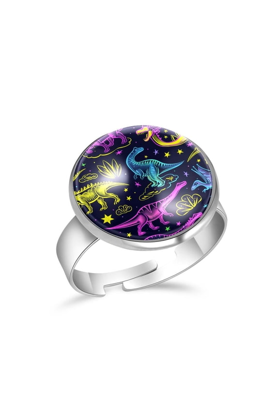 Neon Dinosaurs Pattern Stainless Steel Rings for Women, Open Adjustable Ring Promise Ring Jewelry Gifts