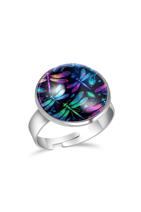 Neon Dragonfly Pattern Stainless Steel Rings for Women, Open Adjustable Ring Promise Ring Jewelry Gifts