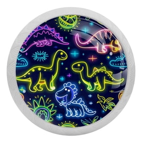 PhooArto Neon Funny Dinosaurs Pattern 4 PCS Crystal Glass Cabinet Knobs, Drawer Kitchen Cabinets Dresser Cupboard Wardrobe Pulls Handle - Glowing in the Dark