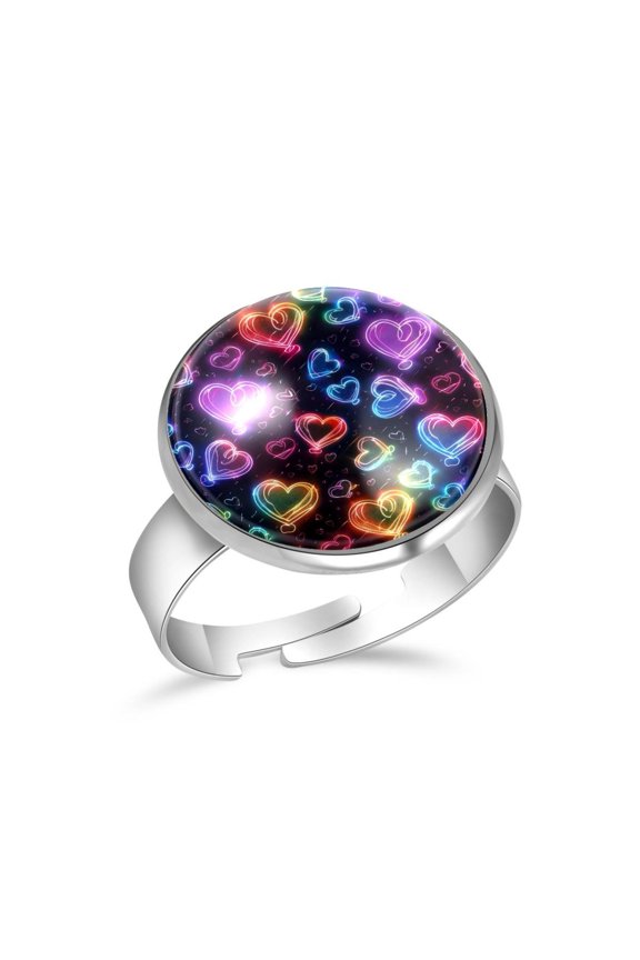 Neon Hearts Pattern Stainless Steel Rings for Women, Open Adjustable Ring Promise Ring Jewelry Gifts