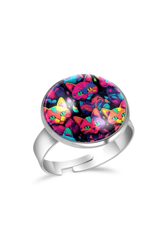 Neon Kitten Cats Pattern Stainless Steel Rings for Women, Open Adjustable Ring Promise Ring Jewelry Gifts