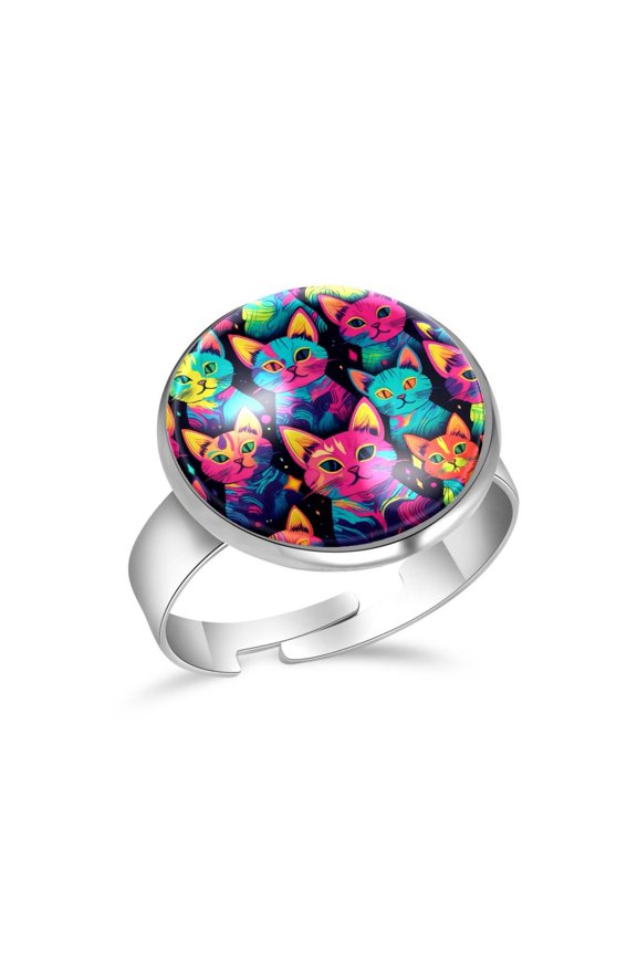 Neon Kitten Pattern Stainless Steel Rings for Women, Open Adjustable Ring Promise Ring Jewelry Gifts