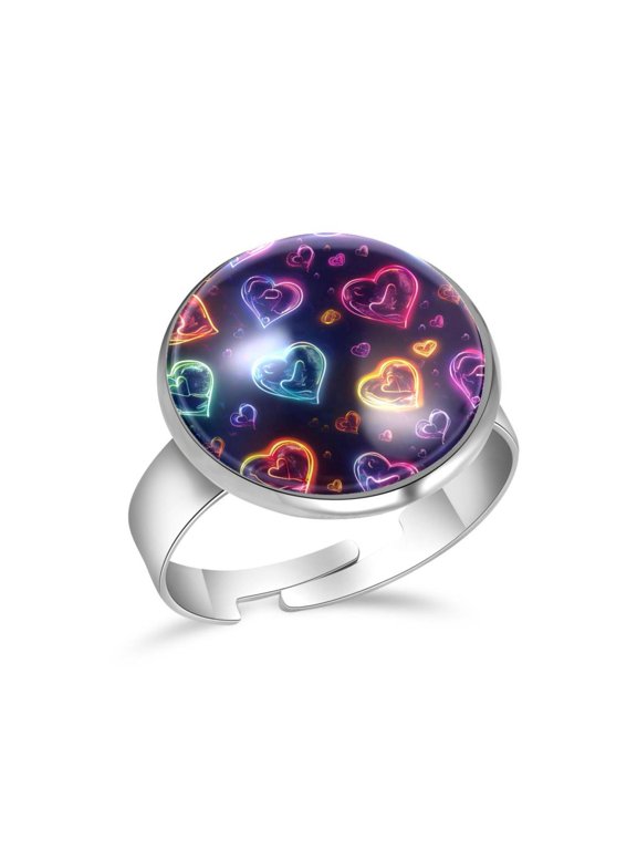 Neon Love Hearts Patterns Stainless Steel Rings for Women, Open Adjustable Ring Promise Ring Jewelry Gifts