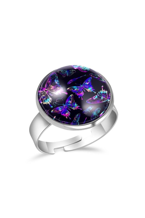 Neon Skull Butterfly Pattern Stainless Steel Rings for Women, Open Adjustable Ring Promise Ring Jewelry Gifts