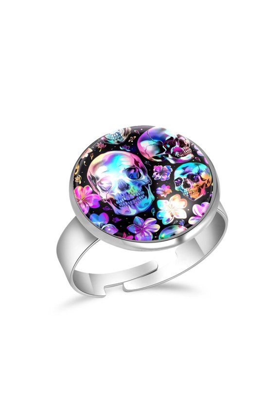 Neon Skull Flower Pattern Stainless Steel Rings for Women, Open Adjustable Ring Promise Ring Jewelry Gifts