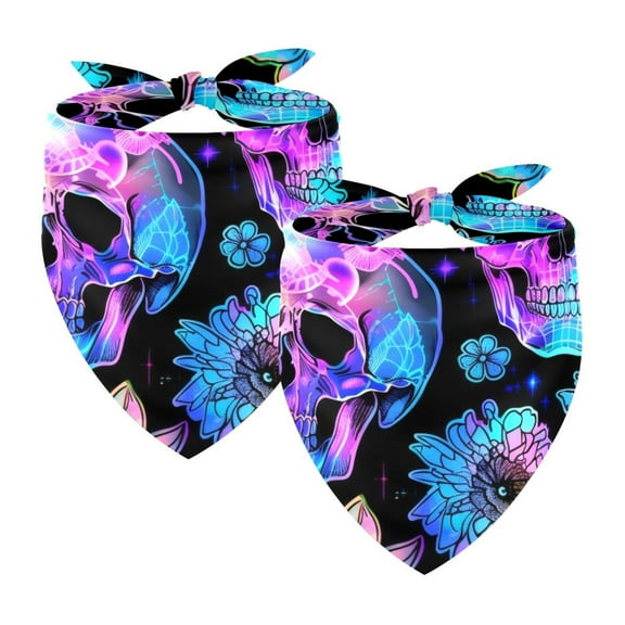 PhooArto Neon Skull Flowers Pattern Dog Bandanas, 2 Pack Soft Washable Pet Scarf Triangle for Large Dogs Puppies and Cats