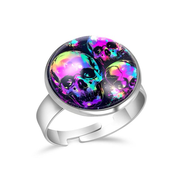 PhooArto Neon Splash Skulls Stainless Steel Rings for Women, Open Adjustable Ring Promise Ring Jewelry Gifts