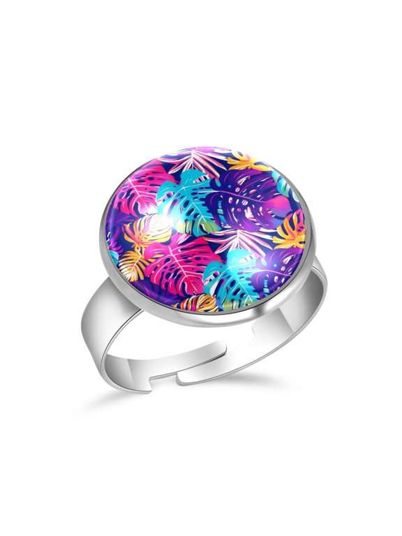 Neon Tropical Monstera Leaves Pattern Stainless Steel Rings for Women, Open Adjustable Ring Promise Ring Jewelry Gifts