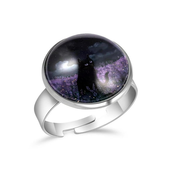 PhooArto Night Cat Purple Flowers Stainless Steel Rings for Women, Open Adjustable Ring Promise Ring Jewelry Gifts